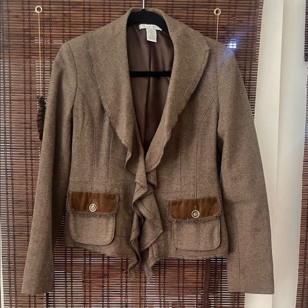 CAbi beautiful tan Ruffled Blazer with Button Accents and velvet in pockets